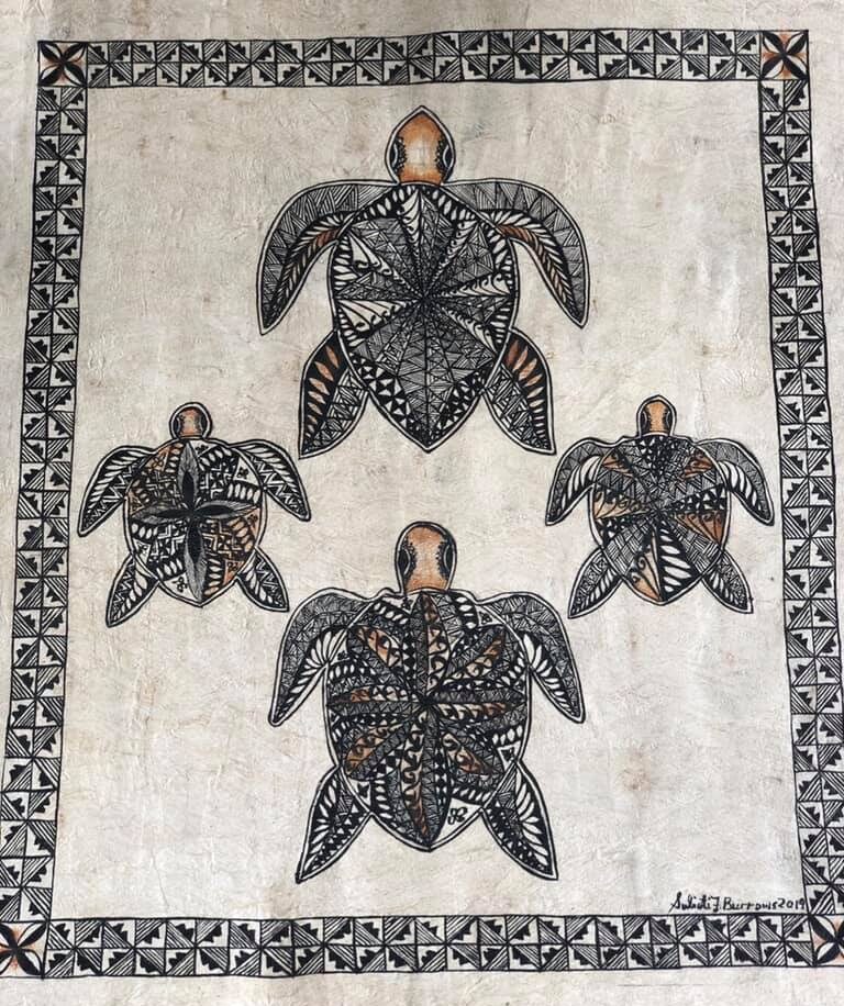 Family of Four turtles tongan tapa artwork by Sulieti Fieme'a Burrows