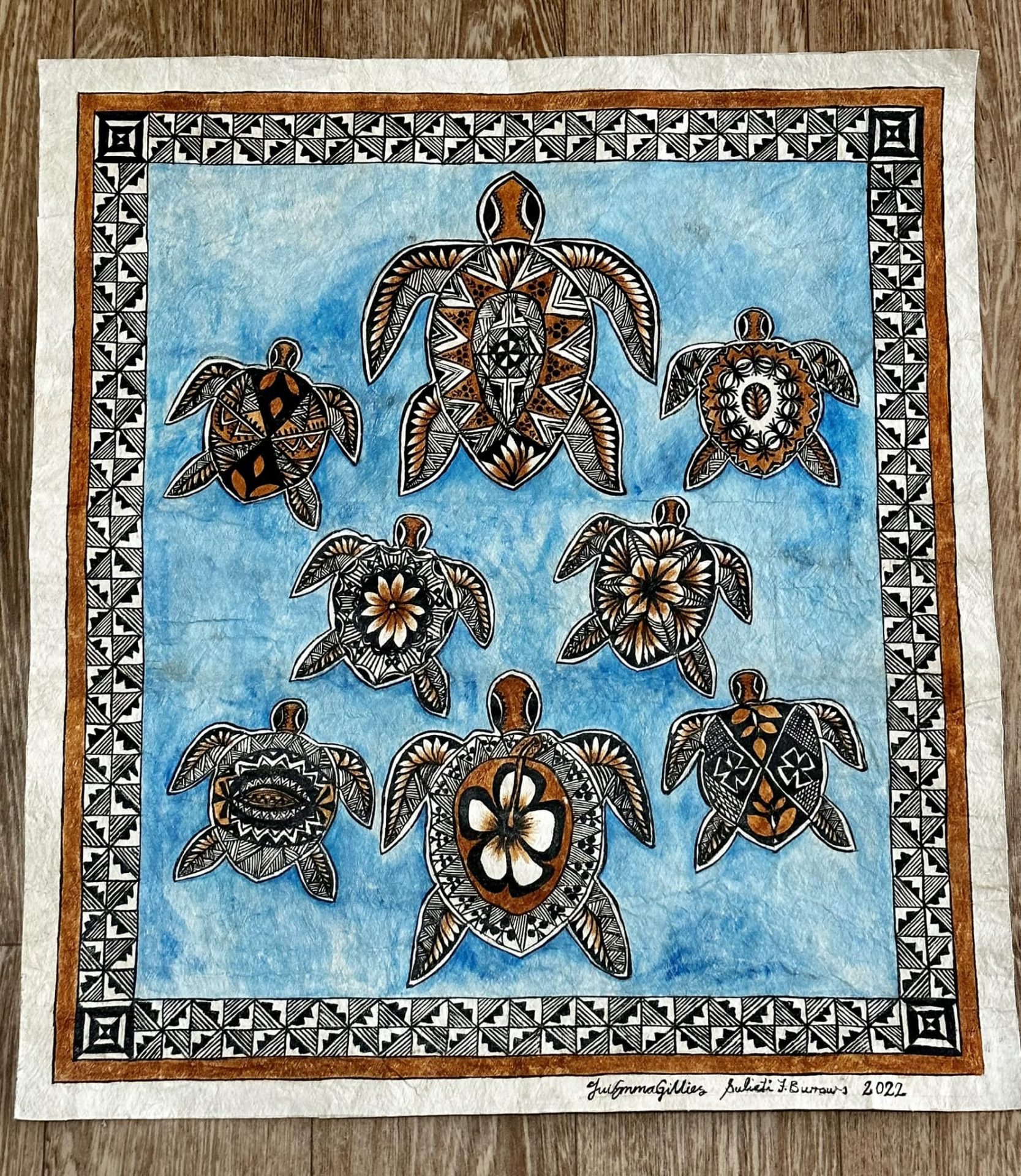 A-Famili-of-turtles original Tongan tapa cloth artwork by Sulieti Fieme’a Burrows and Tui Emma Gillies