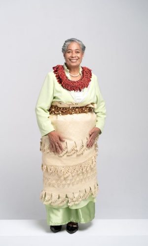 Sulieti Fieme'a Burrows wearing traditional Tongan kahoa heilala and ta'ovala